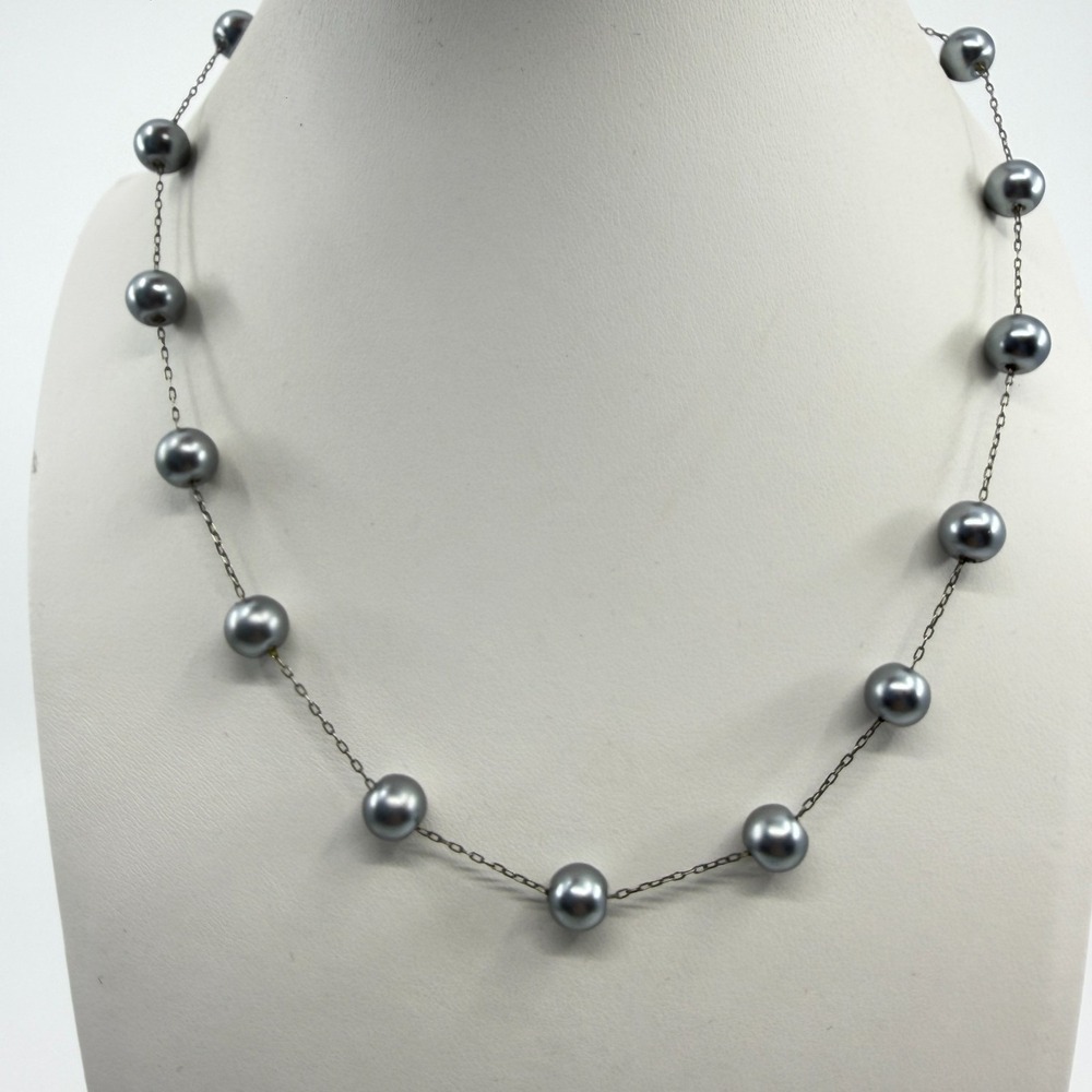 Y2K Station Necklace Gunmetal Gray Faux Pearl Delicate Chain Elegant Gift 90s
